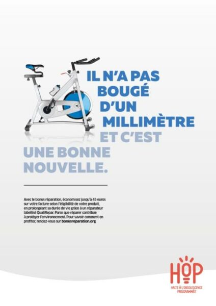 Vélo d'appartement avec le texte Il n'a pas bougé d'un millimètre et c'est une bonne nouvelle.