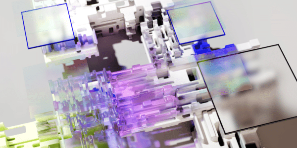 Image fantasmée en 3D de panneaux numérique et de bloc transparents blanc et violet avec effet plastique