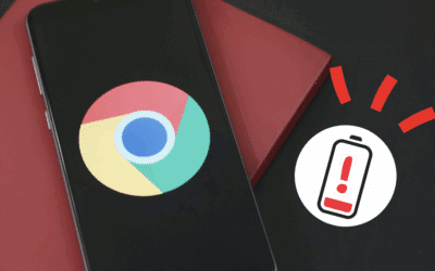 Photo d'un téléphone avec le logo de google sur l'écran sur fond noir et un pictogramme d'une batterie à plat.