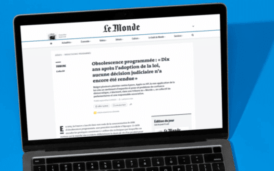 Ordinateur ouvert sur la page du Monde et le texte de la tribune.