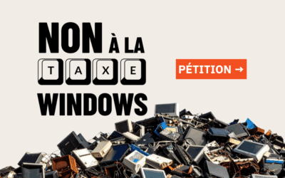 Le logo Non à la taxe windows et une flèche avec le mot pétition, sur un tas de déchets éléctroniques.