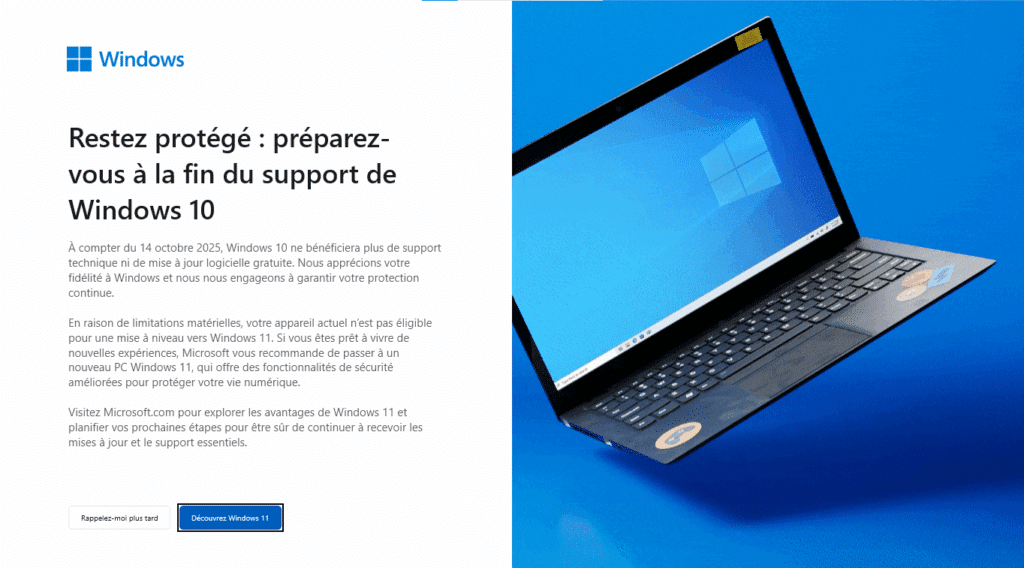 Spot Microsoft "Restez protégé : préparez-vous à la fin du support de Windows 10"